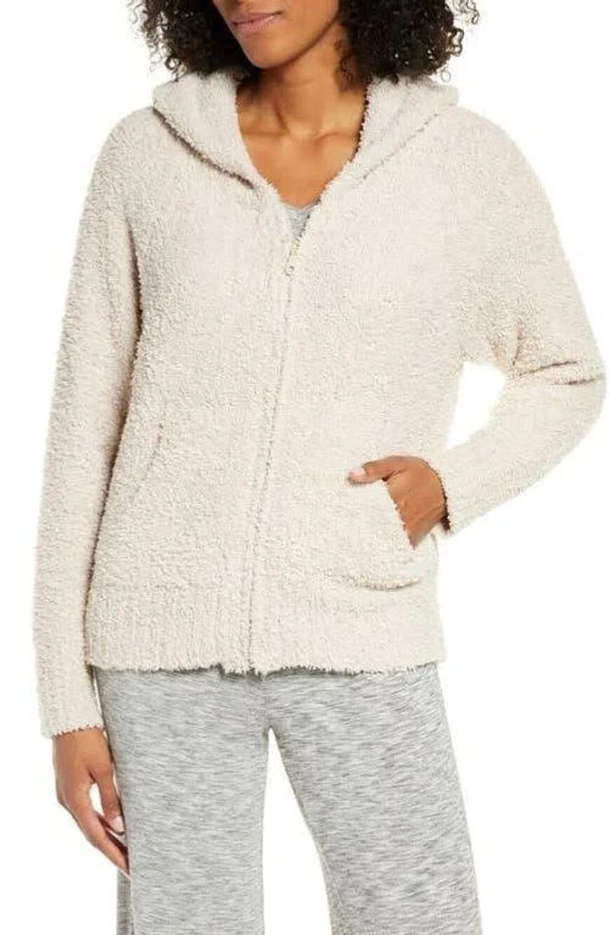 Barefoot Dreams CozyChic Relaxed Zip Up Hoodie Stone Small